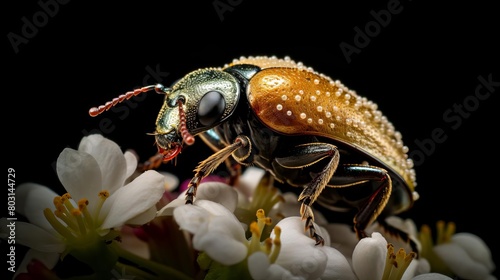 Closeup of a small beetle covered in pollen, set against a black background to highlight its role in pollination © Pakorn