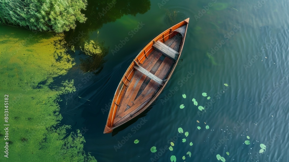Lake top view, skiff with paddle, wooden boat