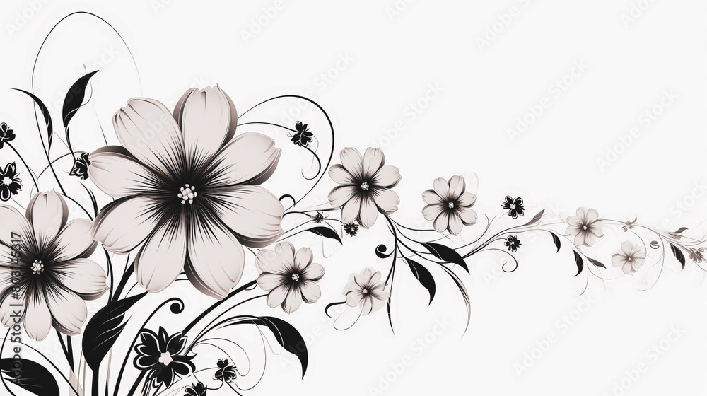 Fototapeta premium Floral background with place for text. Black flowers on a white background.