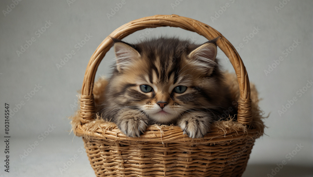 A small, fluffy kitten is sleeping in a wicker basket. The kitten is brown and white, with long fur.

