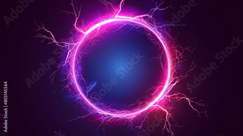 Modern realistic digital portals with sparking electrical discharge isolated on black background. Lightning rings with color glow effect. Illuminated neon round frames.