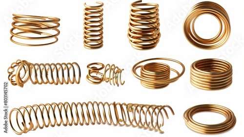Spring coils in gold with flexible spiral metal wire. Modern realistic set of gold elastic springy coils in different shapes isolated on white. photo