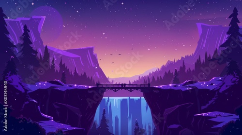 In this cartoon modern illustration, an illustrated log bridge connects mountain edges into a night time landscape of rock peaks, waterfalls and trees under a starry sky. photo