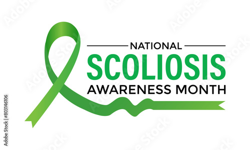 Vector illustration on the theme of National Scoliosis awareness month observed each year in June. Green ribbon with human body design illustration. Banner poster, flyer and background design.
