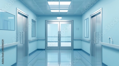 A modern realistic interior of a hall in a medical clinic  waiting area or lobby with metal doors leading to a laboratory  hospital room  or restaurant kitchen.