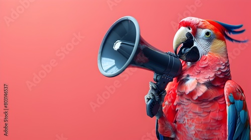 A surreal parrot with a megaphone announces a bold vivid message on a fuchsia background photo