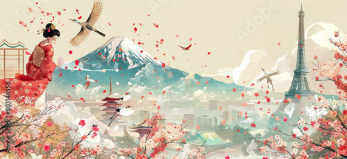 Serene fusion of East and West: Geisha, Eiffel Tower, and Mount Fuji in a picturesque vector illustration photo