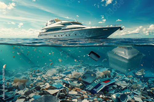  a luxurious yacht floating on clear water against a submerged scene littered with plastic waste, highlighting the environmental issues of ocean pollution.