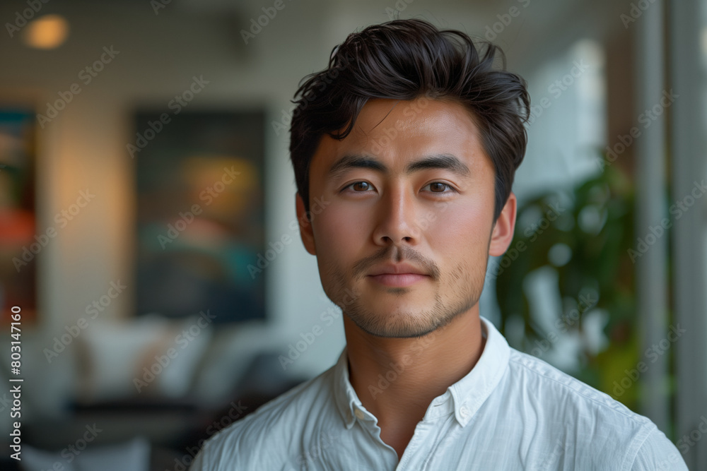 Asian man in white shirt standing by window in room interior with green plant and pictures on the wall Asian man in white shirt standing by window in room interior with green plant and pictures on the wall