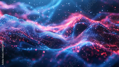 Vibrant abstract digital background with glowing particles and dynamic waves photo