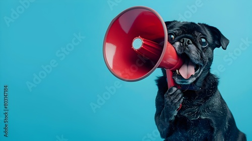 Quirky Pug Holding Megaphone Making Announcement on Vibrant Blue Background