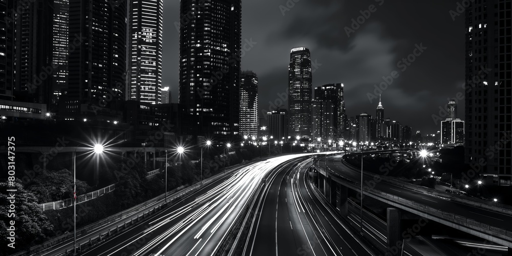 Black and white cityscape showing the dynamic flow of traffic with light trails, reflecting the hustle of city life at night