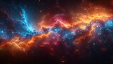 A panoramic view of the universe featuring the cosmic dance of dust and nebulae, rendered in high definition with explosive color transitions from cool blues to fiery reds.