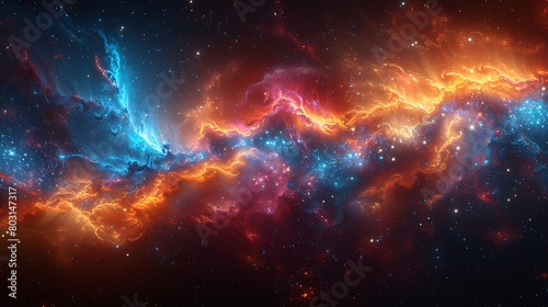 A panoramic view of the universe featuring the cosmic dance of dust and nebulae, rendered in high definition with explosive color transitions from cool blues to fiery reds. photo