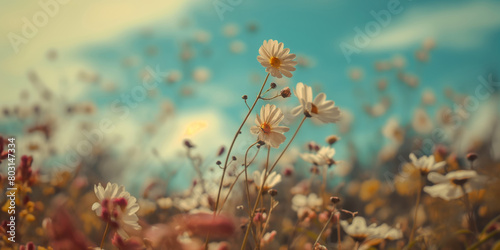 A soft focus lens captures the gentle sway of daisies under the dreamlike blue sky with a hint of sunlight