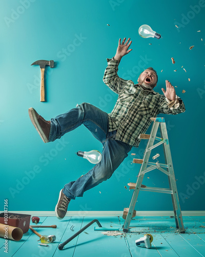 Accident at work: man falling off a ladder amid tools and light bulbs photo