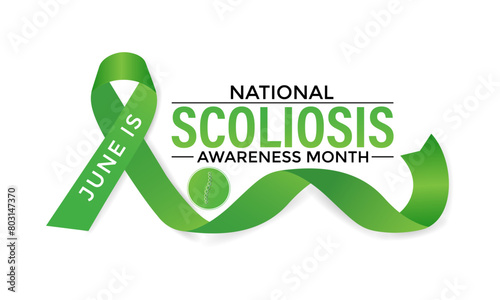 Vector illustration on the theme of National Scoliosis awareness month observed each year in June. Green ribbon with human body design illustration. Banner poster, flyer and background design.
