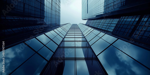 A low angle view of a modern skyscraper with a glass facade reflecting the sky, evoking progress and corporate style