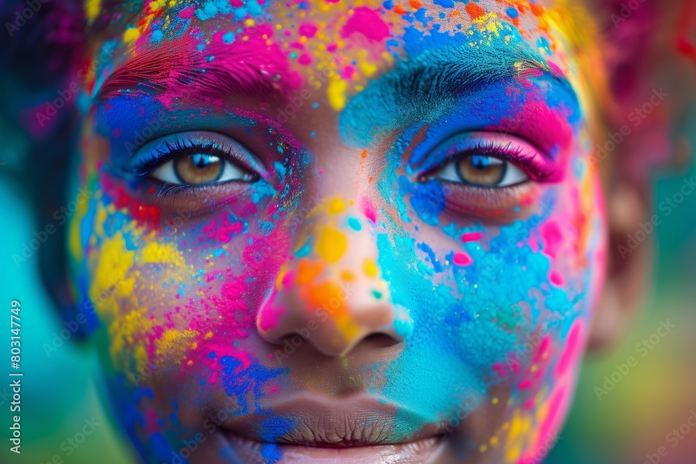 Striking close-up of a person's face adorned with colorful, bright paint, symbolizing cultural diversity and artistry