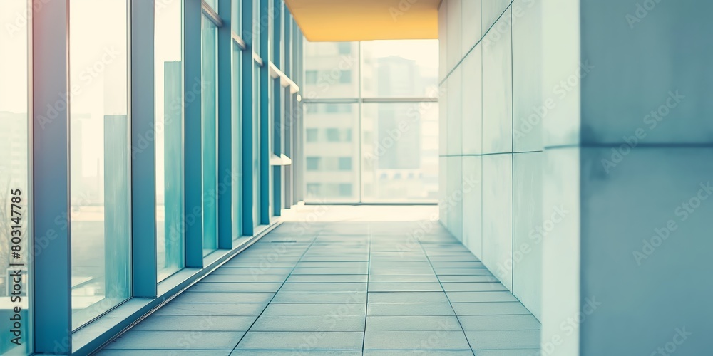 Fototapeta premium Contemporary architecture showcasing a spacious, bright corridor with reflective glass windows and tiled flooring