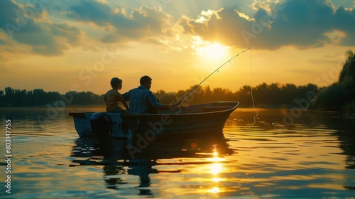 Father and Son Fishing on boat at beautiful lake with sunset