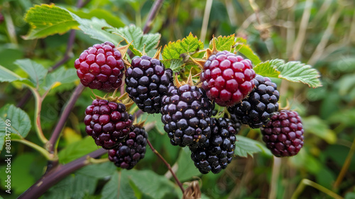 Close-up of ripe blackberries on a bush, showcasing vibrant colors and natural texture