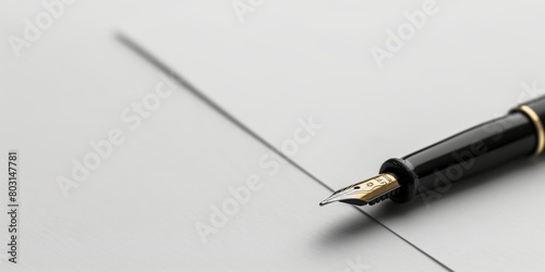 Close-up of a sophisticated black fountain pen on a simple white background, symbolizing writing and signing. copy space