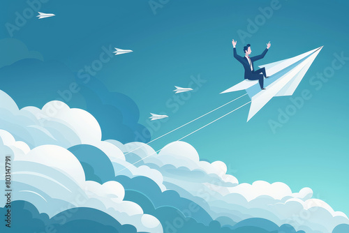 Businessman soaring joyously on a paper plane surrounded by white planes and clouds