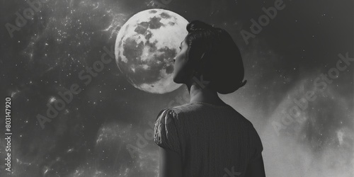 A monochromatic image of a woman gazing at the moon, face obscured, evoking mystery and contemplation
