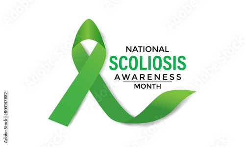 Vector illustration on the theme of National Scoliosis awareness month observed each year in June. Green ribbon with human body design illustration. Banner poster, flyer and background design.
