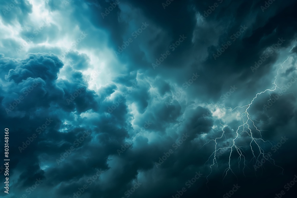 This dramatic scene captures the intense turmoil of a stormy sky, with vivid lightning bolts piercing through dark thunderclouds This dramatic scene captures the intense turmoil of a stormy sky, with vivid lightning bolts piercing through dark thunderclouds