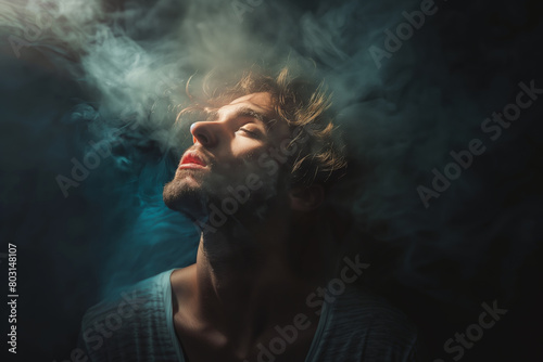 A mysterious image depicting a man with warm light on his face, surrounded by floating smoke in a dark atmosphere