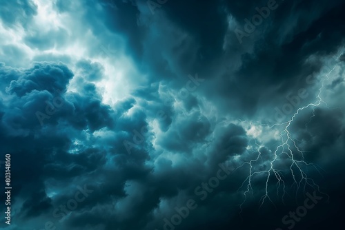 This dramatic scene captures the intense turmoil of a stormy sky, with vivid lightning bolts piercing through dark thunderclouds