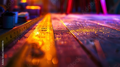 Captivating tape measure motion shot with vibrant light trails and woodworking details