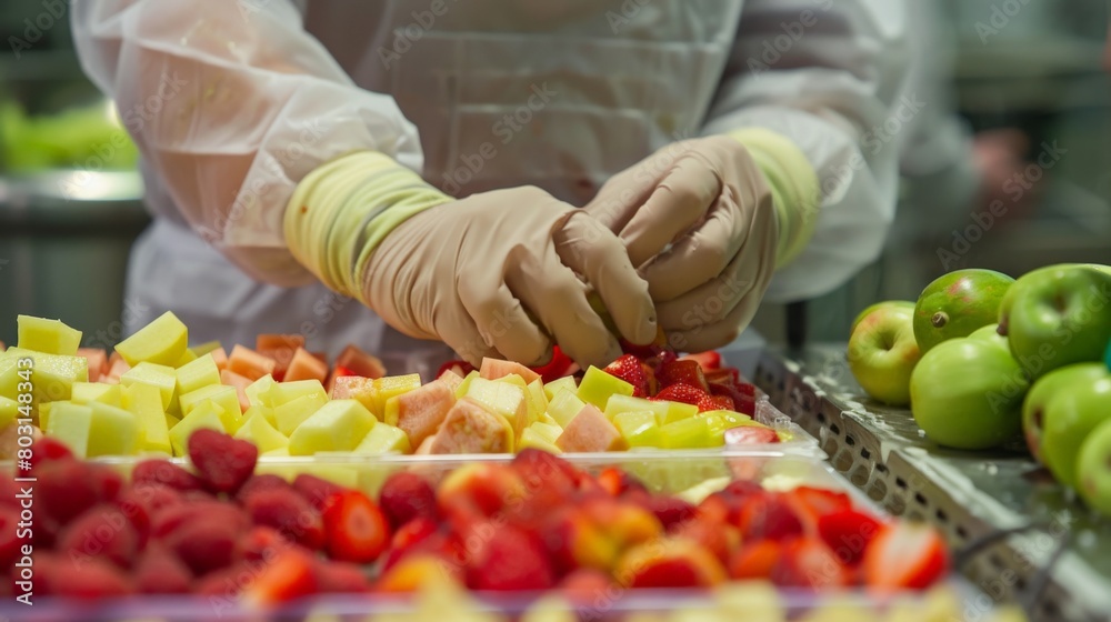 Food factory worker wearing gloves and preparing fruit salad