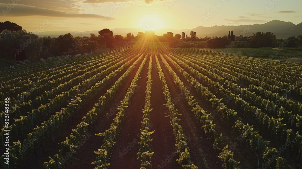 A drone view over a sprawling vineyard at sunset, highlighting the organized rows of grapevines A drone view over a sprawling vineyard at sunset, highlighting the organized rows of grapevines