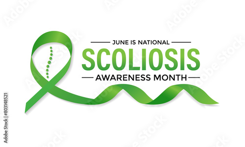Vector illustration on the theme of National Scoliosis awareness month observed each year in June. Green ribbon with human body design illustration. Banner poster, flyer and background design.
