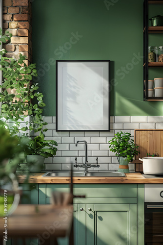 kitchen wooden frame mockup, near the window, on the white ceramic green wall