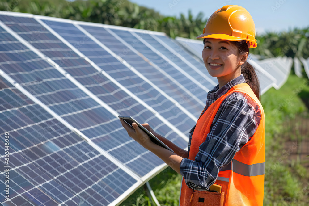 Technician holding a digital tablet standing by solar grid at solar farm. Renewable energy. Female manager engineer in orange helmet checking operation of solar panel system at Photovoltaic station Technician holding a digital tablet standing by solar grid at solar farm. Renewable energy. Female manager engineer in orange helmet checking operation of solar panel system at Photovoltaic station