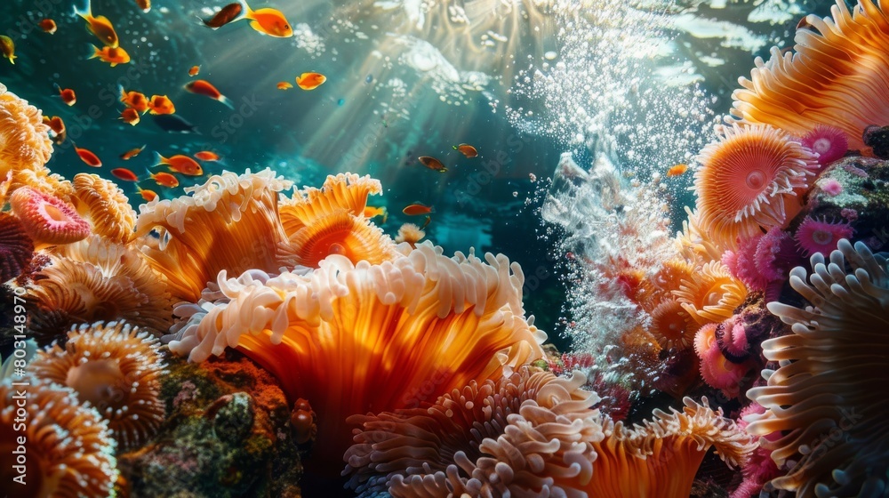 Fototapeta premium A colorful coral reef with many fish swimming around it