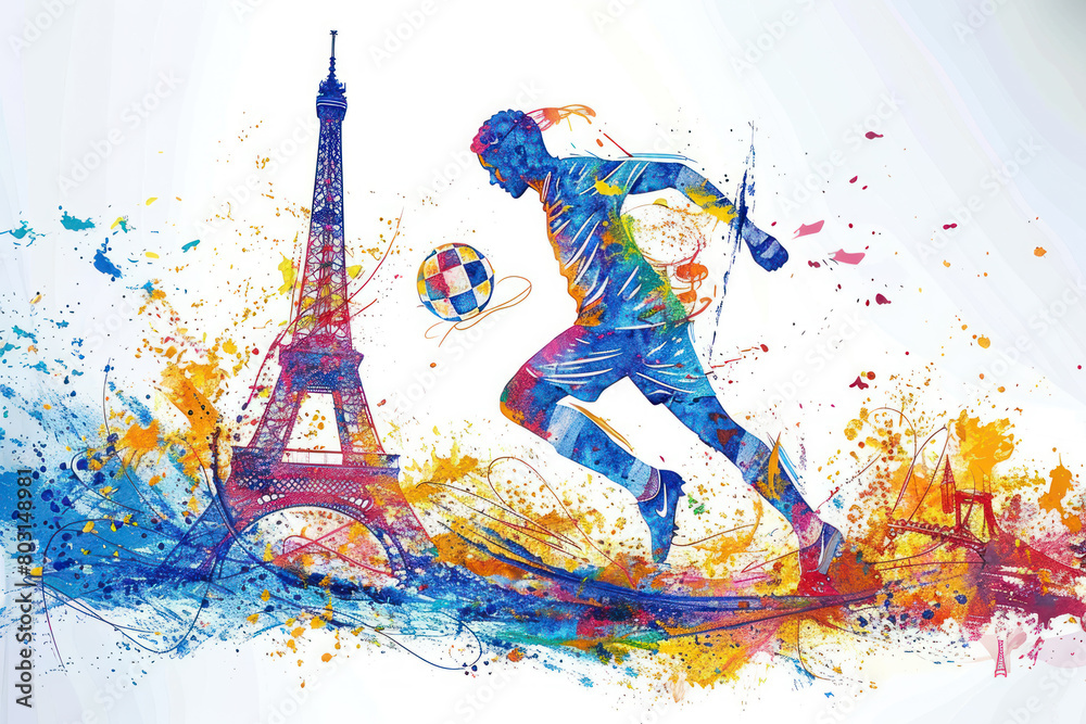 Naklejka premium Colorful watercolor painting of soccer player in action by eiffel tower