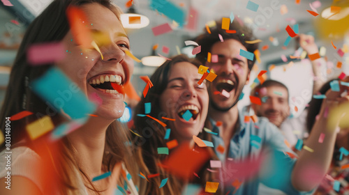 A group of people celebrating with smiles, laughter, and confetti in an office environment, embodying a spirit of success and celebration.