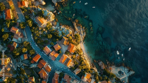 An aerial shot of a coastal town with winding streets and traditional houses leading to the sea photo