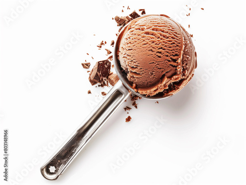 Top view of a scoop of delicious chocolate ice cream surrounded by chocolate chucks on a white background.
 photo
