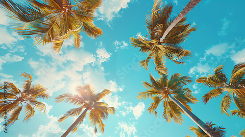 palm trees and blue sky with bright summer sun -  view from below, wide angle lens, sunny day, blue sky, tropical vibe. © LiezDesign