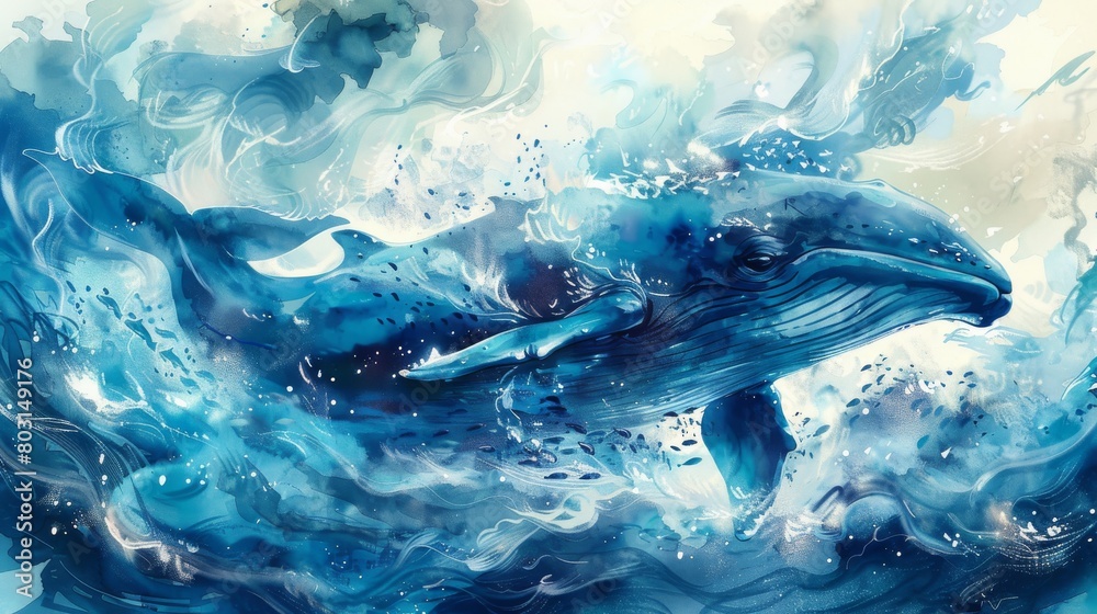 Fototapeta premium A blue whale is swimming in the ocean