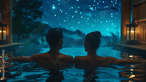 Hands intertwined, a couple gazes out at the starry sky while soaking in a romantic spa