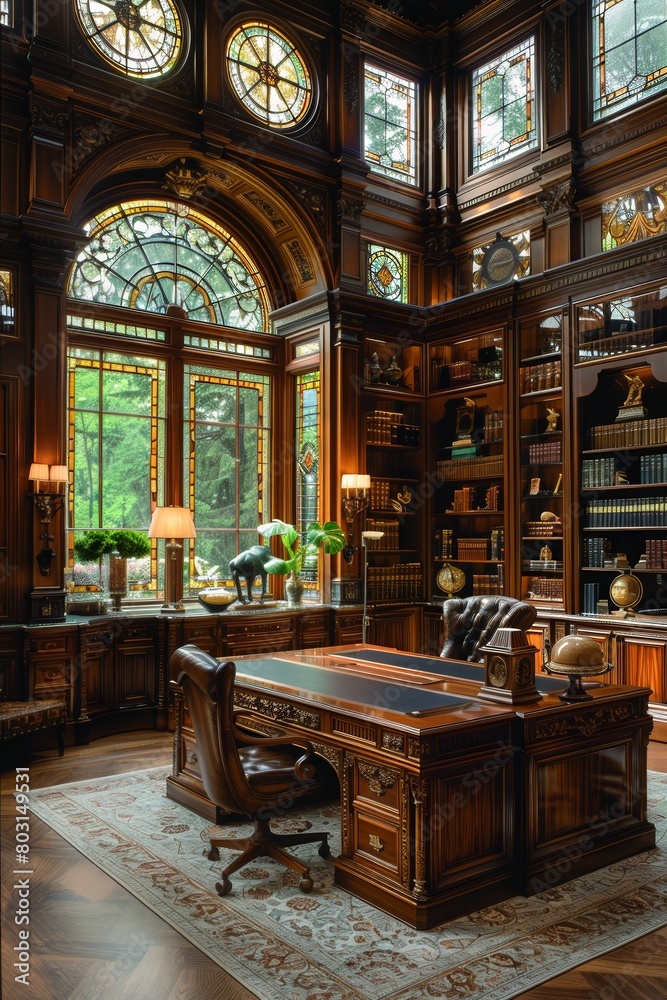 Grand manager's office adorned with gold accents, oak wood detailing, and tinted windows creating a lavish ambiance. Grand manager's office adorned with gold accents, oak wood detailing, and tinted windows creating a lavish ambiance.