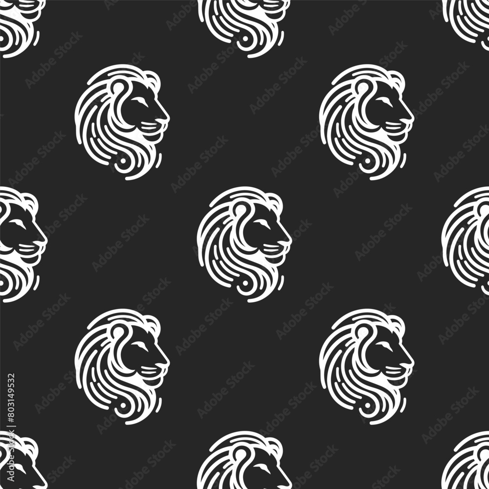 Lion head symbol seamless pattern on black background. Black and white. Line art vector illustration. Lion head symbol seamless pattern on black background. Black and white. Line art vector illustration.