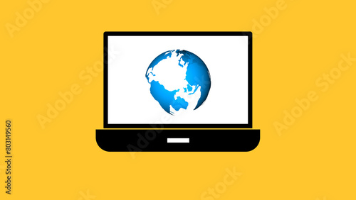Laptop with a stylized globe on the screen on a yellow background.